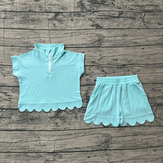 Baby Girls Blue Zipper Scallop Pullover Top Pockets Short Checked Set Preorder