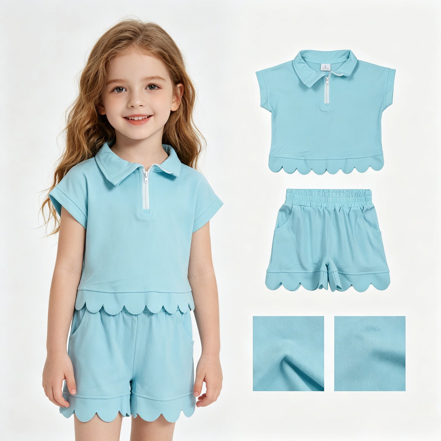 Baby Girls Blue Zip Pullover Top Pockets Short Scallop Clothes Set