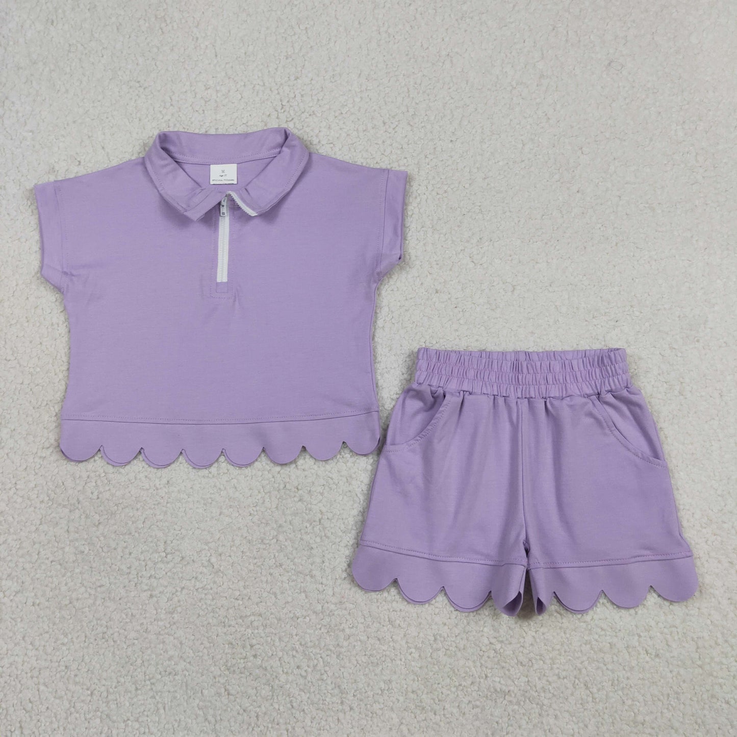 Baby Girls Lavender Zip Pullover Top Pockets Short Scallop Clothes Set