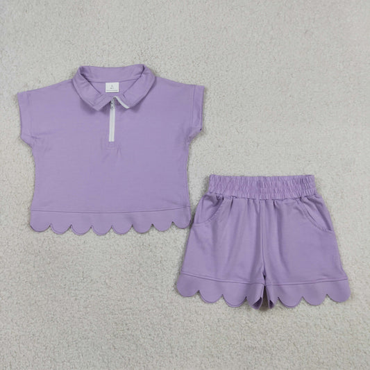 Baby Girls Lavender Zip Pullover Top Pockets Short Scallop Clothes Set