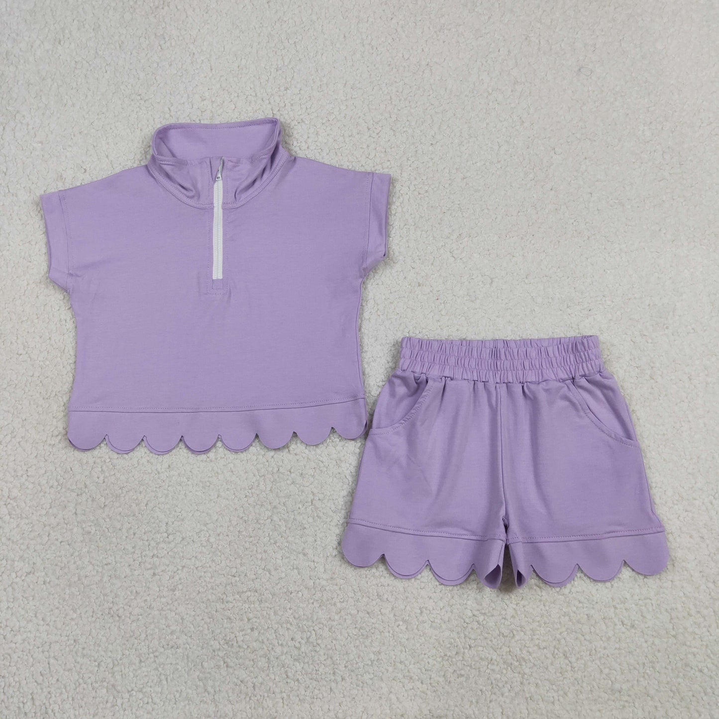 Baby Girls Lavender Zip Pullover Top Pockets Short Scallop Clothes Set