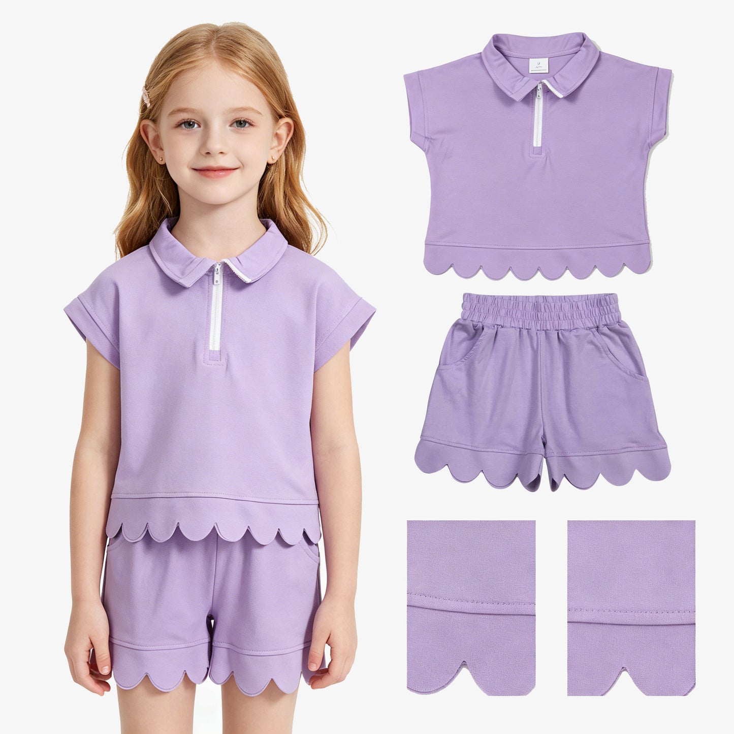 Baby Girls Lavender Zip Pullover Top Pockets Short Scallop Clothes Set