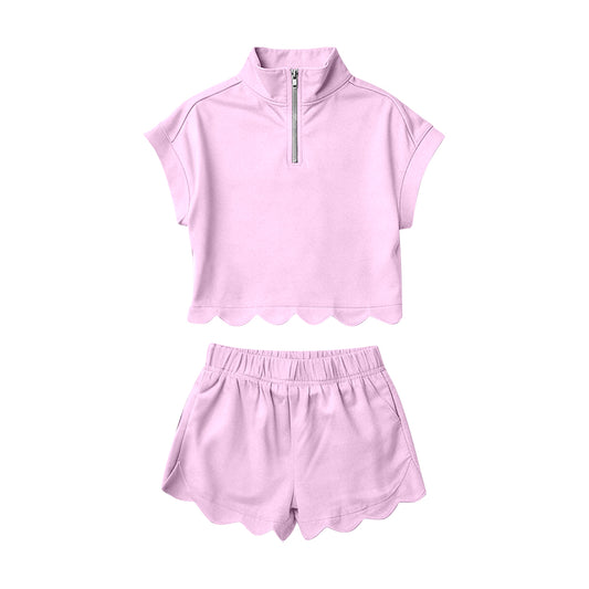 Baby Girls Pink Zipper Scallop Pullover Top Pockets Short Checked Set Preorder