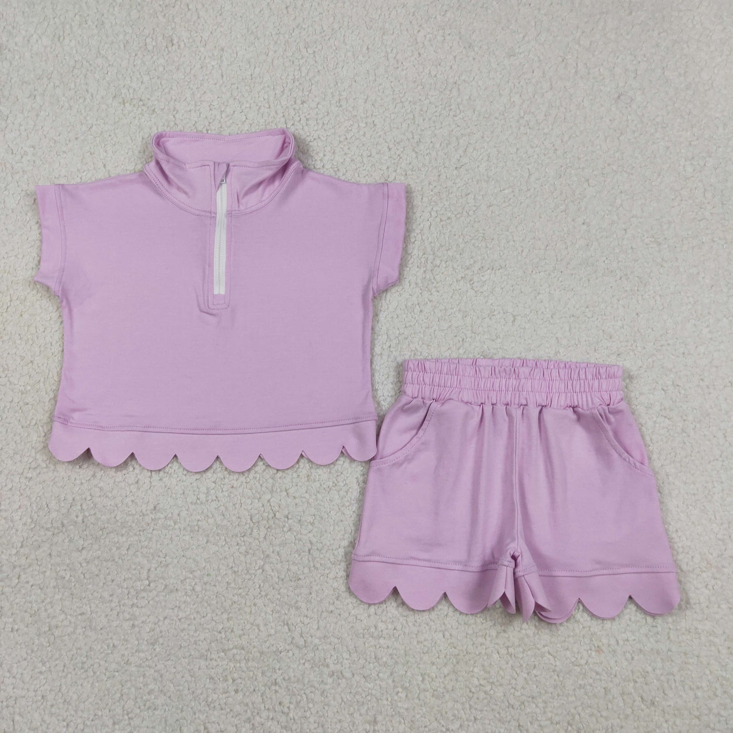 Baby Girls Pink Zip Pullover Top Pockets Short Scallop Checked Set