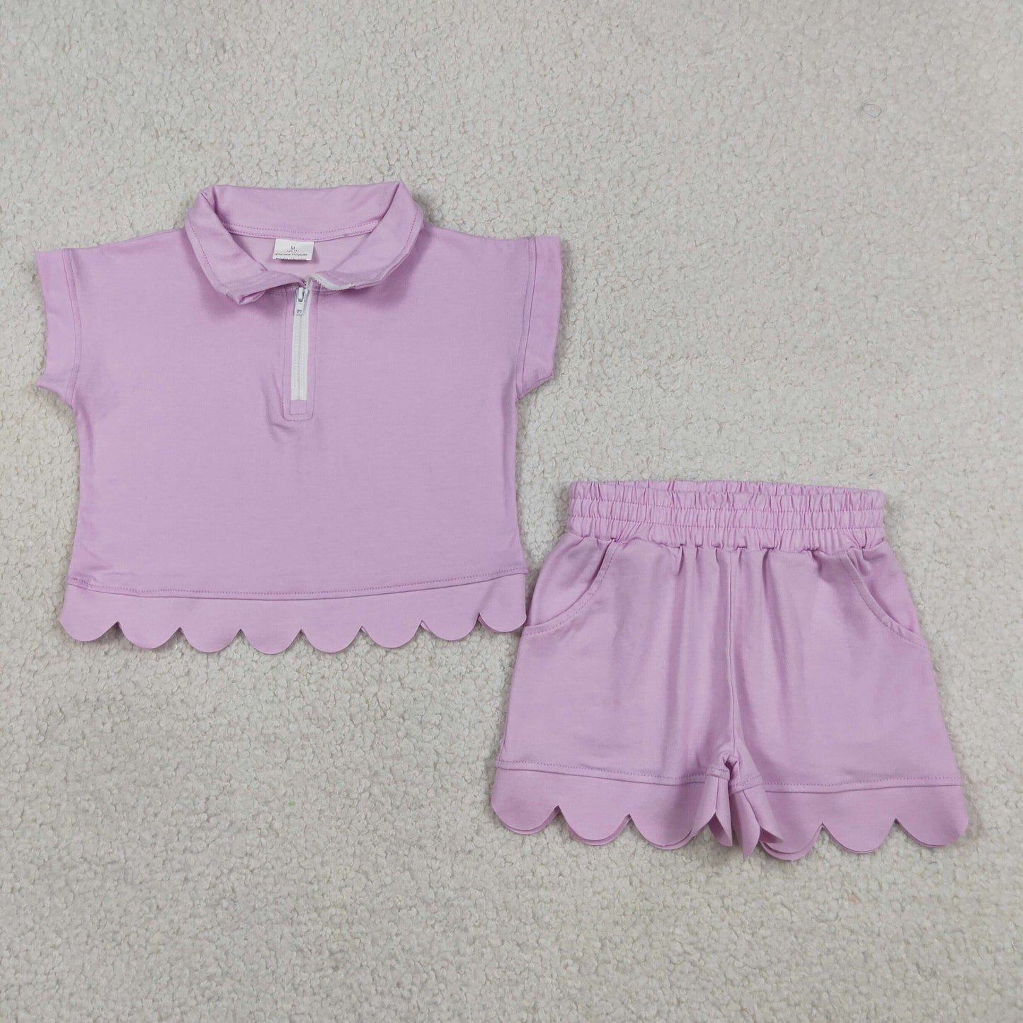 Baby Girls Pink Zip Pullover Top Pockets Short Scallop Checked Set