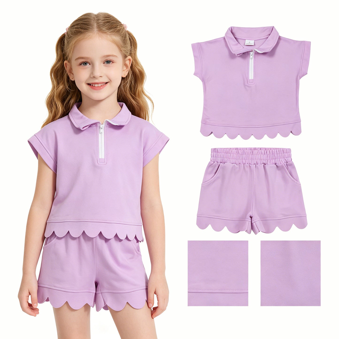 Baby Girls Pink Zip Pullover Top Pockets Short Scallop Checked Set