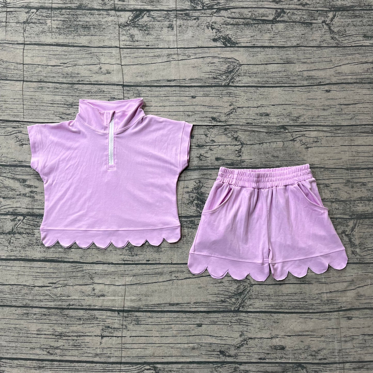 Baby Girls Pink Zip Pullover Top Pockets Short Scallop Checked Set