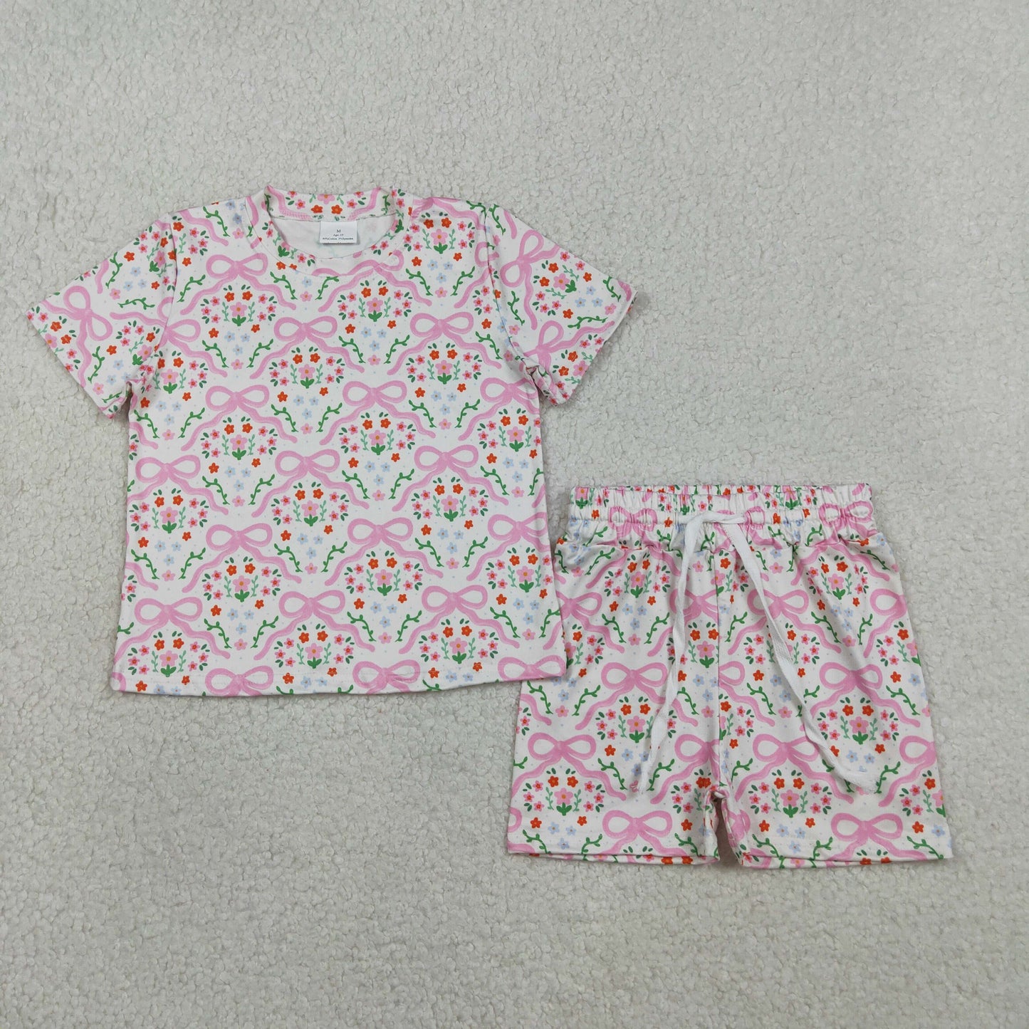 Baby Girls Short Sleeve Bows Flowers Checked Top Shorts Slouchy Set