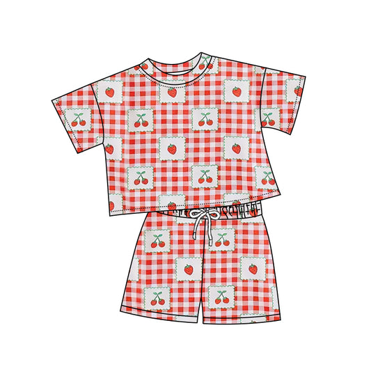 Baby Girls Short Sleeve Red Checked Cherry Top Shorts Clothes Set Preorder