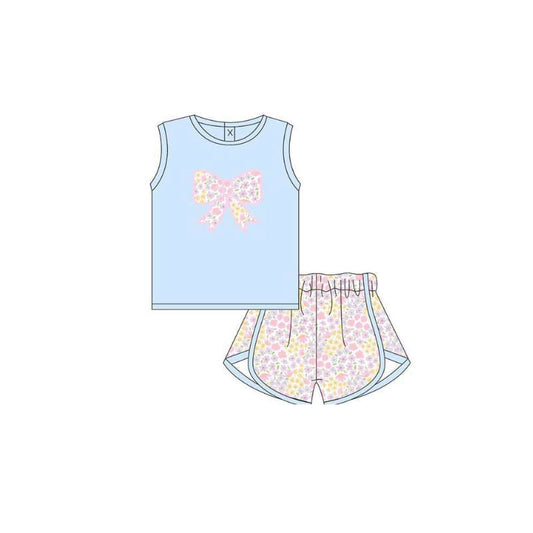 Baby Girls Light Blue Sleeveless Flower Bows Top Shorts Clothes Set Preorder
