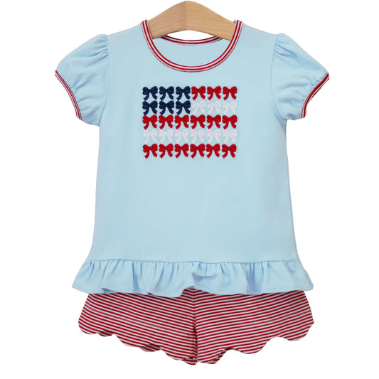 Baby Girls Short Sleeve Flag Bows Top Stripe Ruffle Shorts 4th of July Clothes Set Preorder