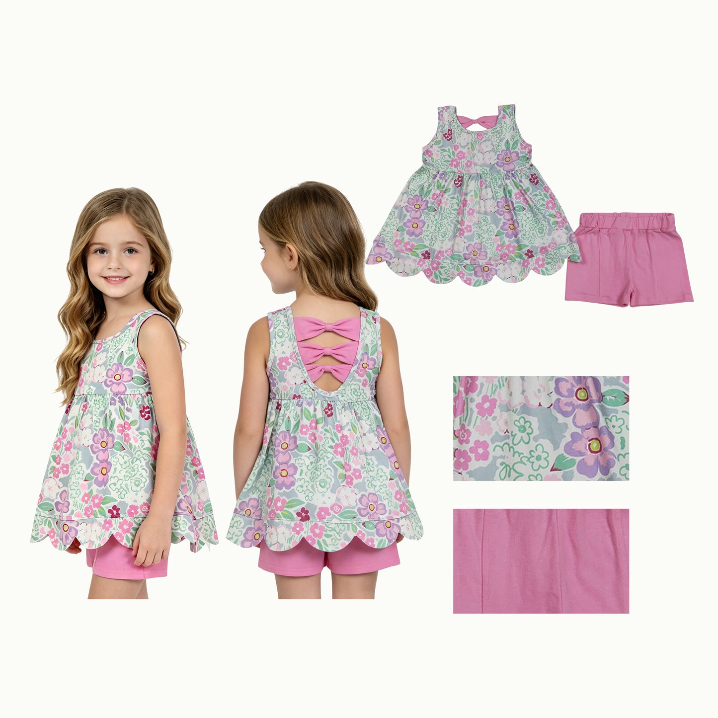 Baby Girls Sleeveless Colorful Flowers Scallop Tunic Shorts Clothes Set