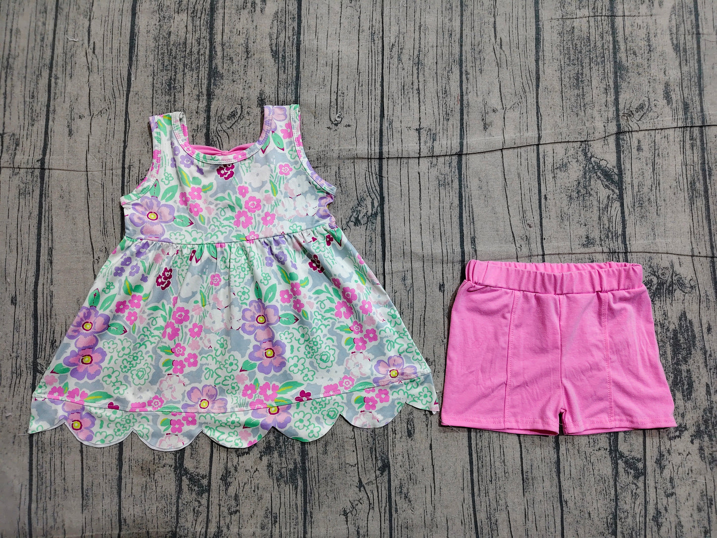Baby Girls Sleeveless Colorful Flowers Scallop Tunic Shorts Clothes Set
