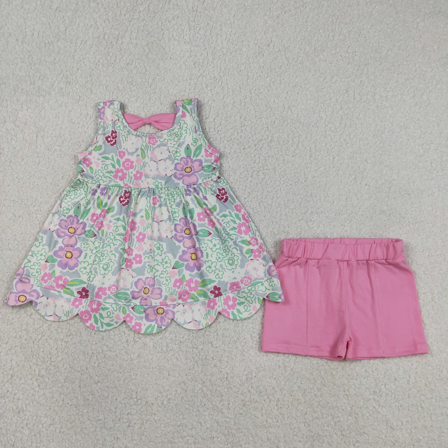 Baby Girls Sleeveless Colorful Flowers Scallop Tunic Shorts Clothes Set