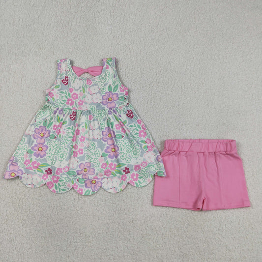 Baby Girls Sleeveless Colorful Flowers Scallop Tunic Shorts Clothes Set