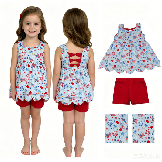 Baby Girls Popsicle Flags Scallop Back Bow Tunic Shorts 4th of July Clothes Set