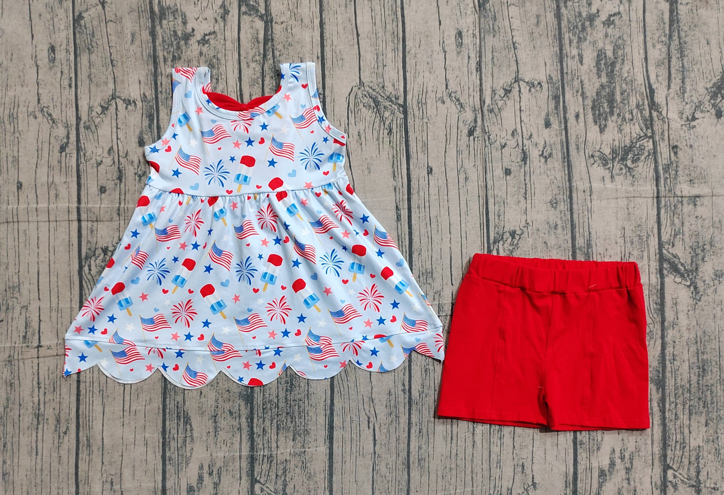 Baby Girls Popsicle Flags Scallop Back Bow Tunic Shorts 4th of July Clothes Set