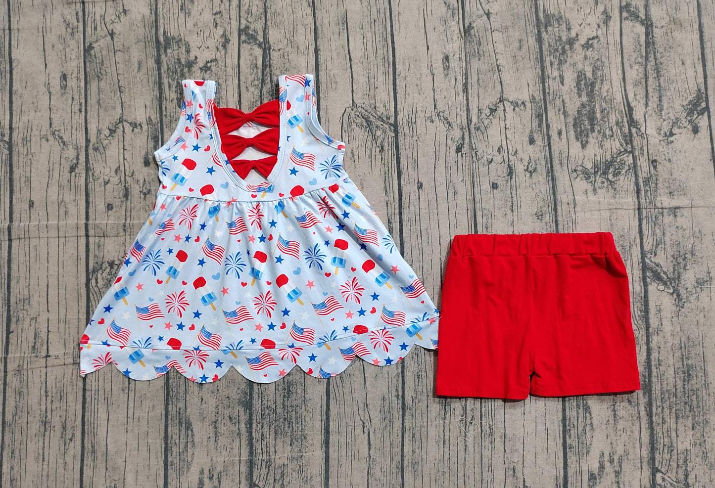 Baby Girls Popsicle Flags Scallop Back Bow Tunic Shorts 4th of July Clothes Set