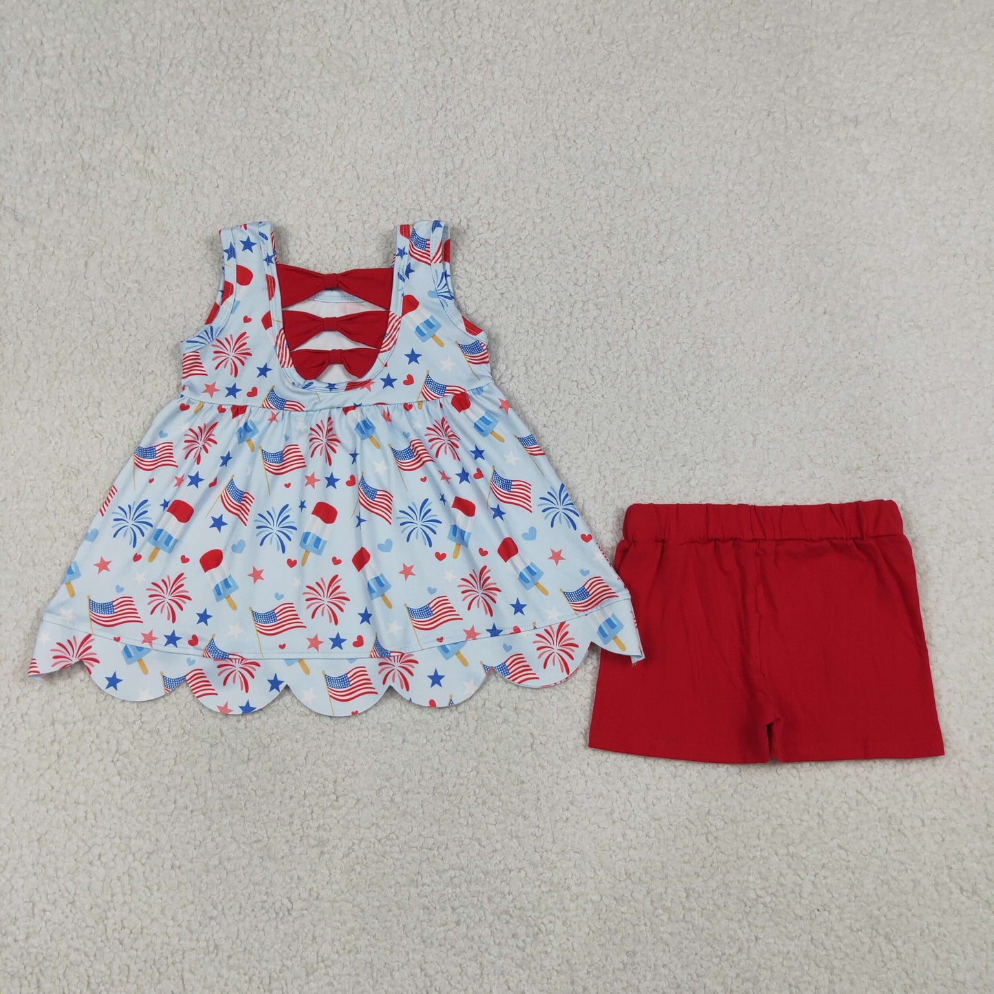 Baby Girls Popsicle Flags Scallop Back Bow Tunic Shorts 4th of July Clothes Set