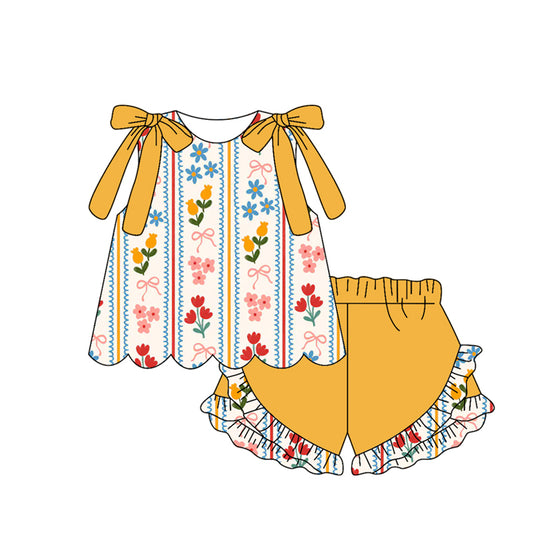 Baby Girls Sleeveless Bows Flowers Stripe Tunic Ruffle Shorts Clothes Set Preorder