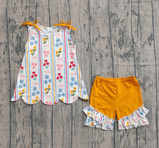 Baby Girls Bows Flowers Stripe Scallop Tunic Ruffle Shorts Clothes Set