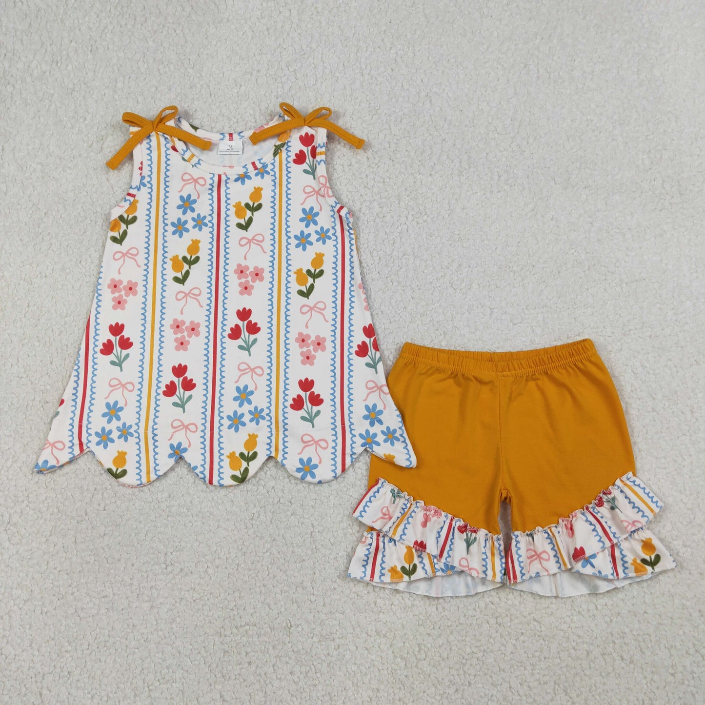 Baby Girls Bows Flowers Stripe Scallop Tunic Ruffle Shorts Clothes Set
