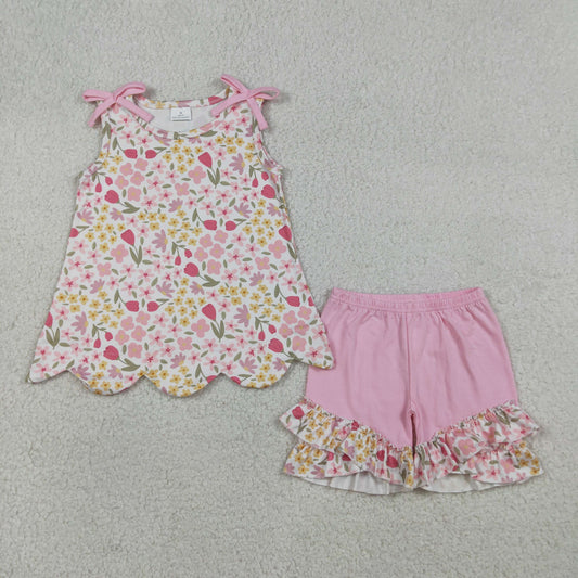 Sibling Baby Girls Colorful Flowers Scallop Tunic Ruffle Short Clothes Sets