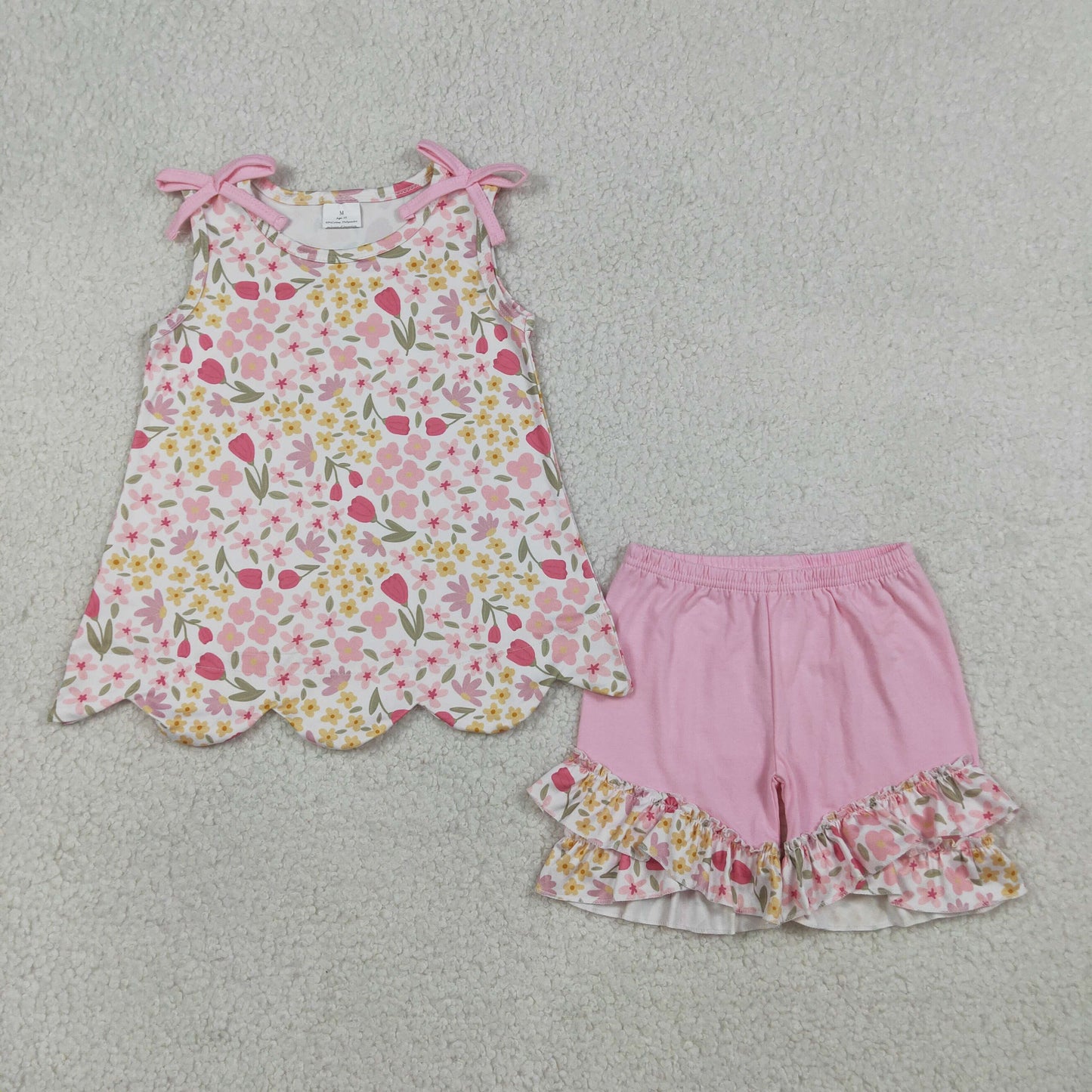 Baby Girls Colorful Flowers Scallop Tunic Ruffle Shorts Clothes Set
