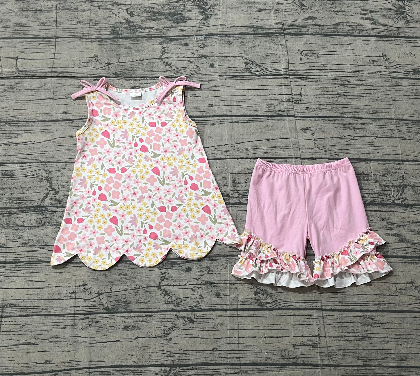 Baby Girls Colorful Flowers Scallop Tunic Ruffle Shorts Clothes Set