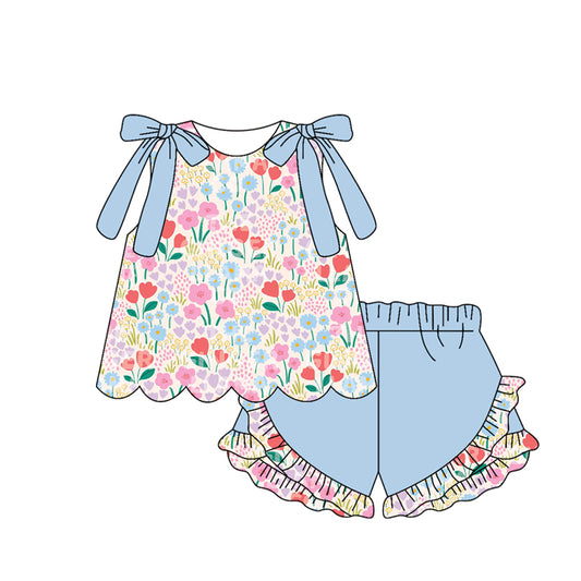Baby Girls Sleeveless Colorful Flowers Tunic Ruffle Shorts Clothes Set Preorder