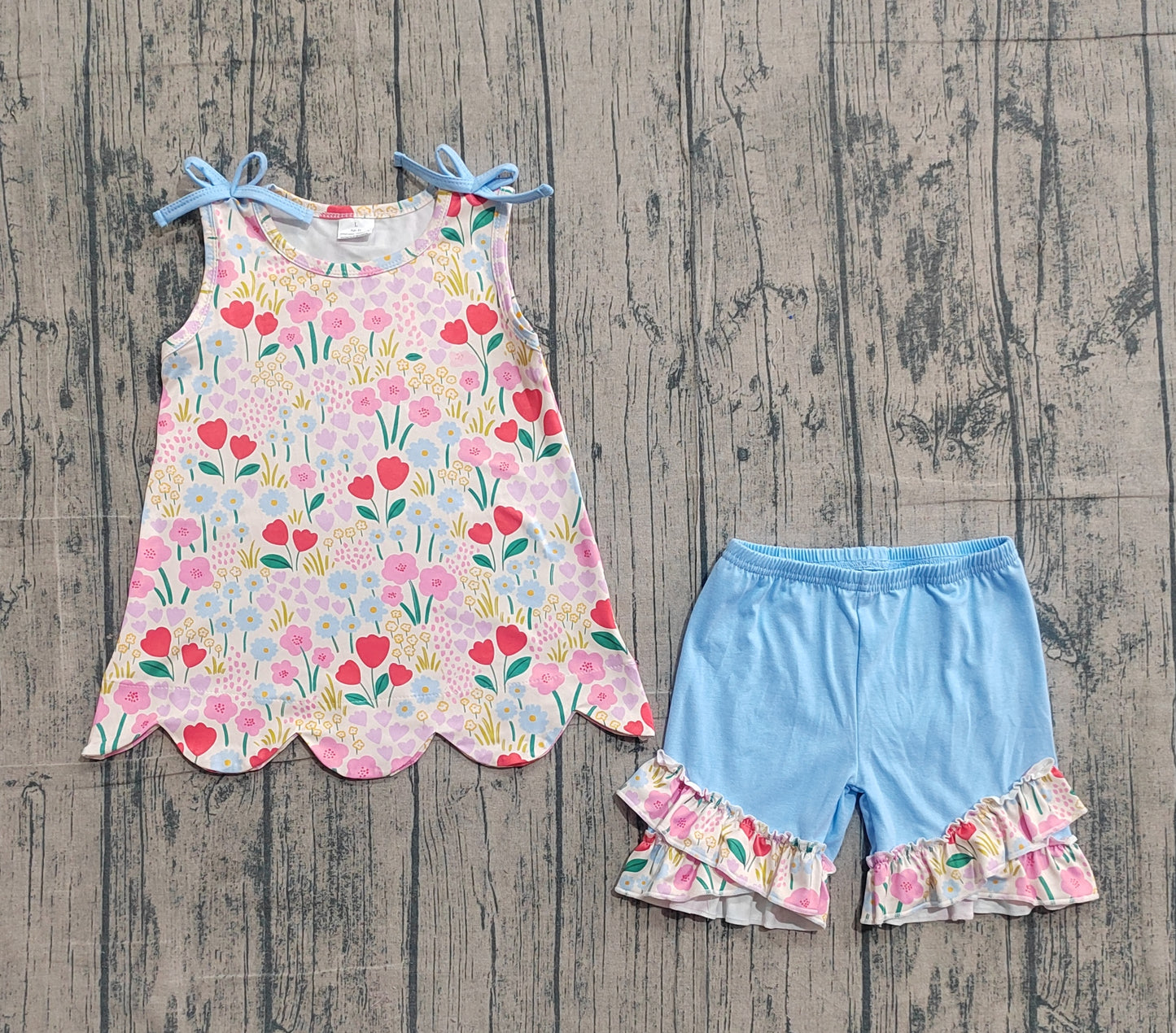 Baby Girls Sleeveless Colorful Flowers Scallop Tunic Ruffle Shorts Clothes Set