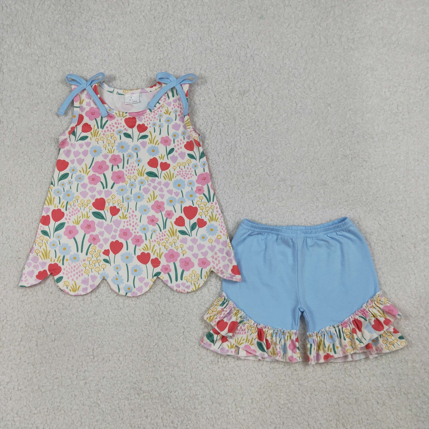 Baby Girls Sleeveless Colorful Flowers Scallop Tunic Ruffle Shorts Clothes Set