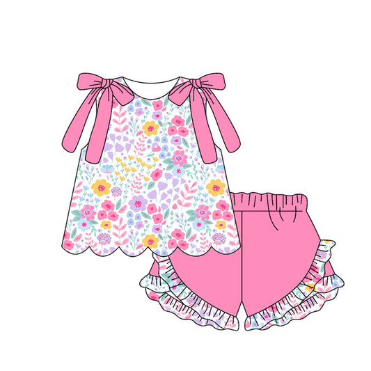 Baby Girls Sleeveless Colorful Flowers Tunic Ruffle Shorts Clothes Set Preorder
