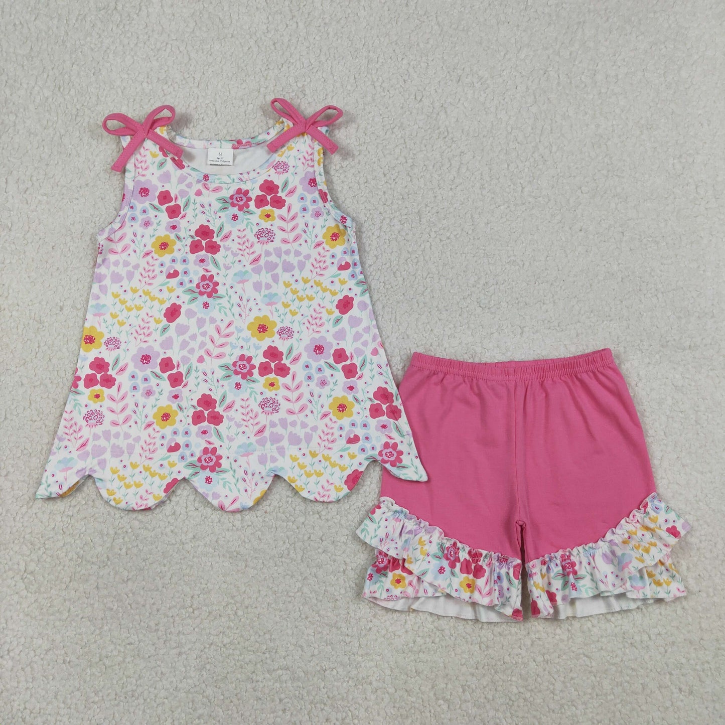 Baby Girls Sleeveless Colorful Flowers Tunic Ruffle Shorts Clothes Set