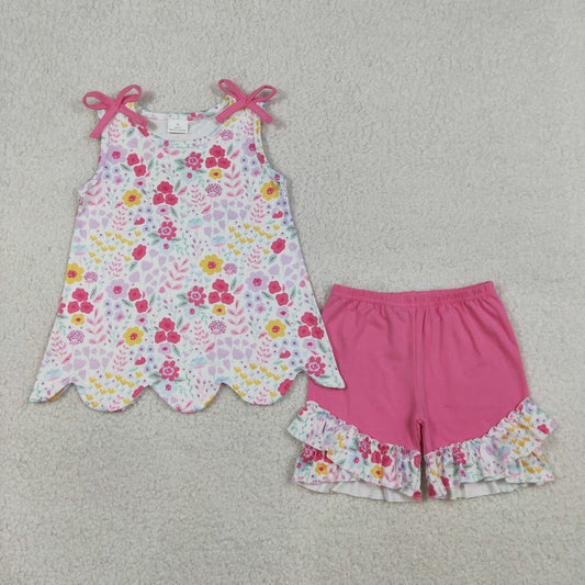 Baby Girls Sleeveless Colorful Flowers Tunic Ruffle Shorts Clothes Set