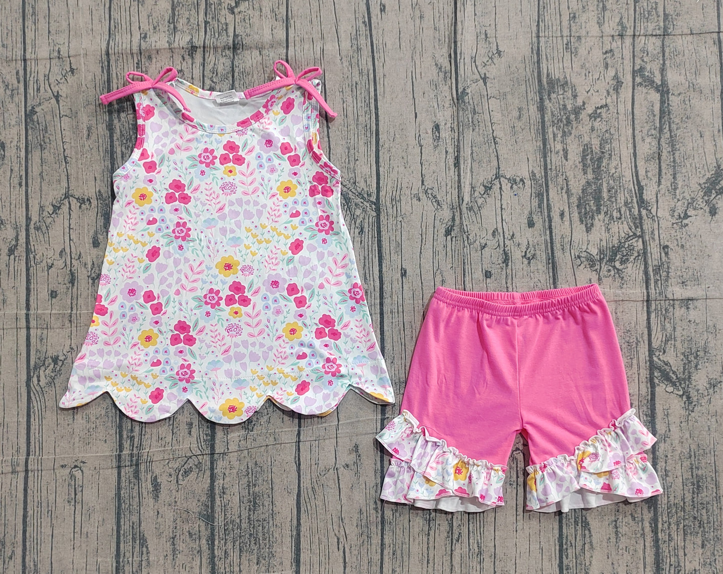 Baby Girls Sleeveless Colorful Flowers Tunic Ruffle Shorts Clothes Set