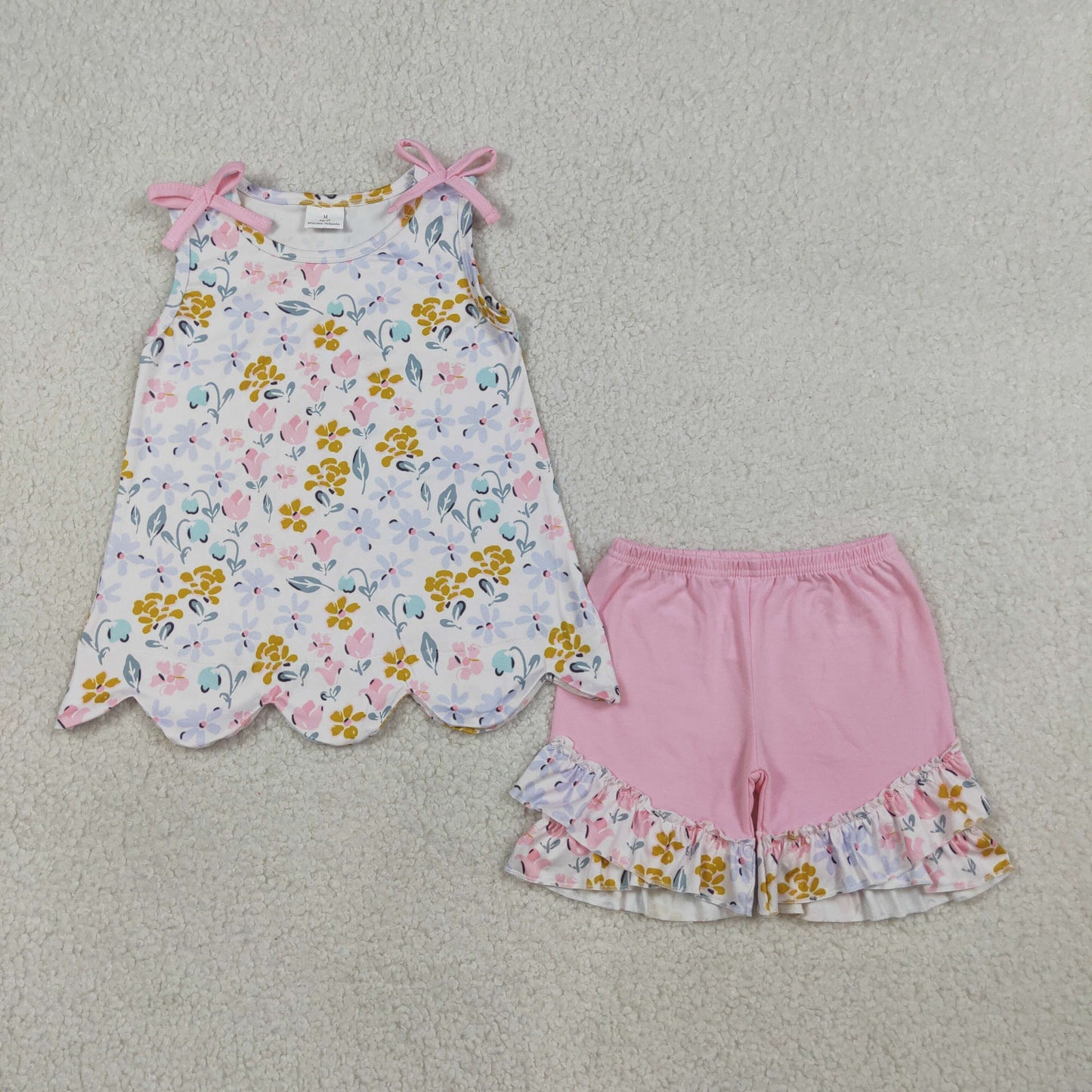 Baby Girls Colorful Flowers Scallop Tunic Ruffle Shorts Clothes Set