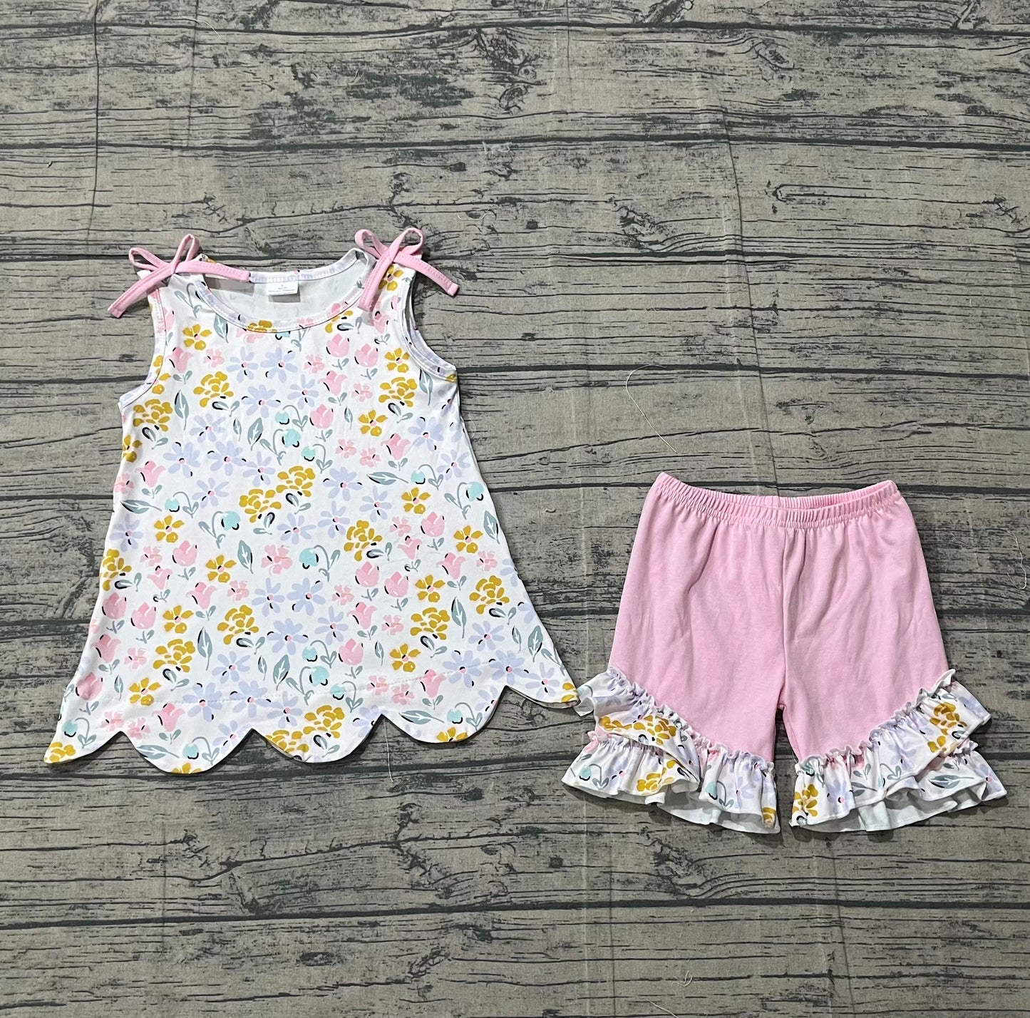 Baby Girls Colorful Flowers Scallop Tunic Ruffle Shorts Clothes Set