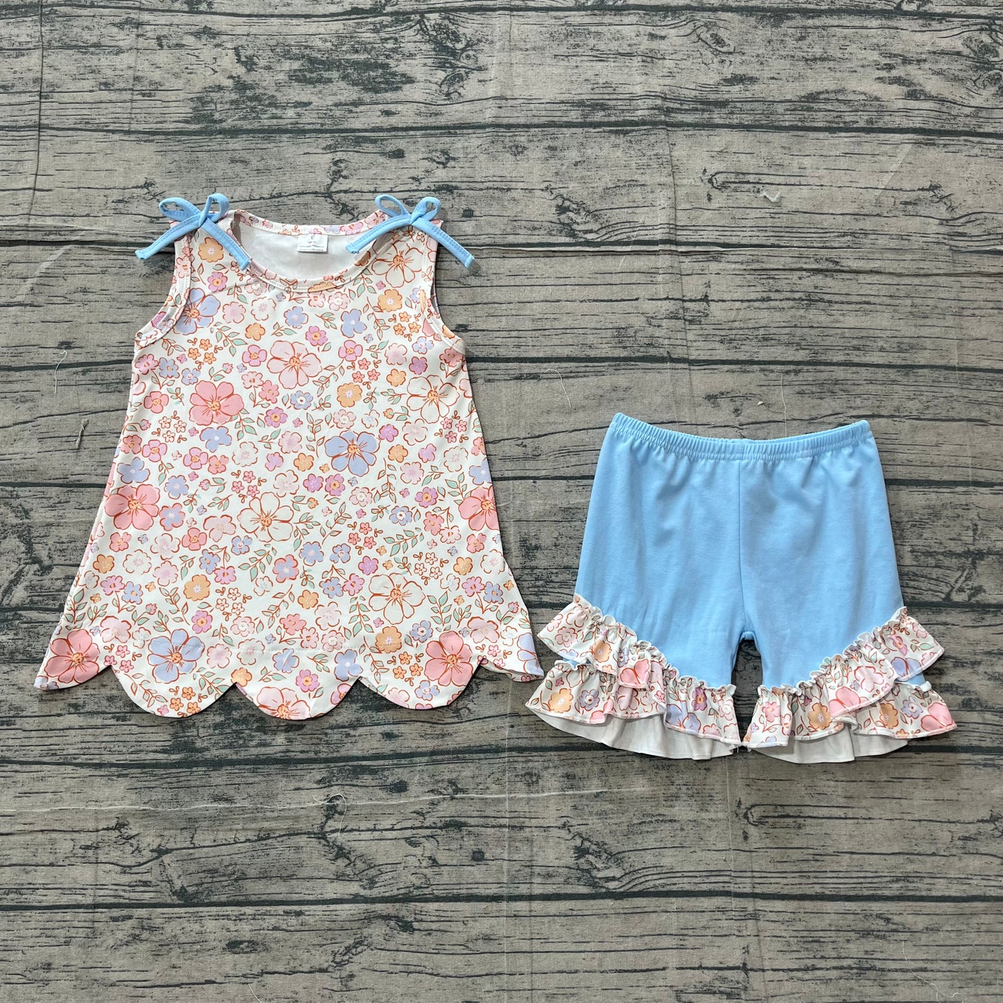 Baby Girls Sleeveless Colorful Flowers Scallop Tunic Ruffle Shorts Clothes Set