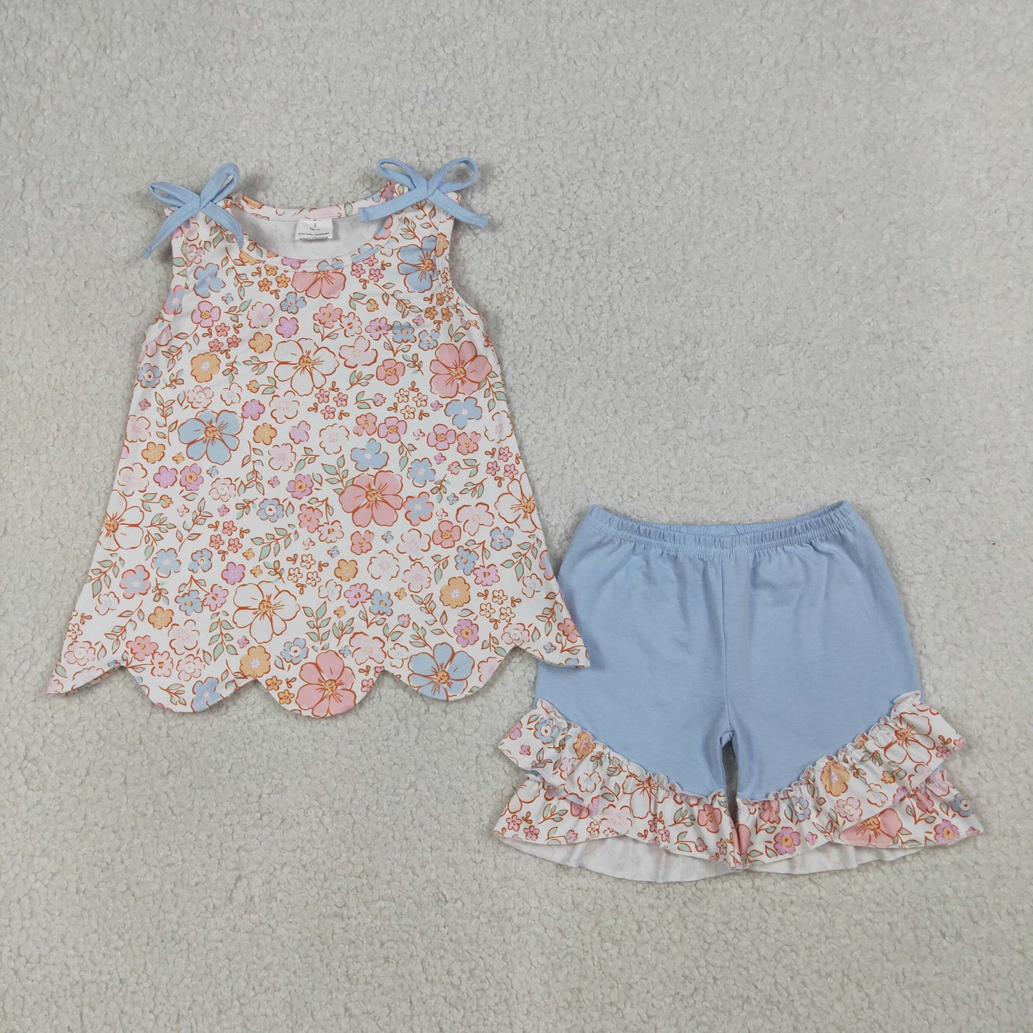 Baby Girls Sleeveless Colorful Flowers Scallop Tunic Ruffle Shorts Clothes Set
