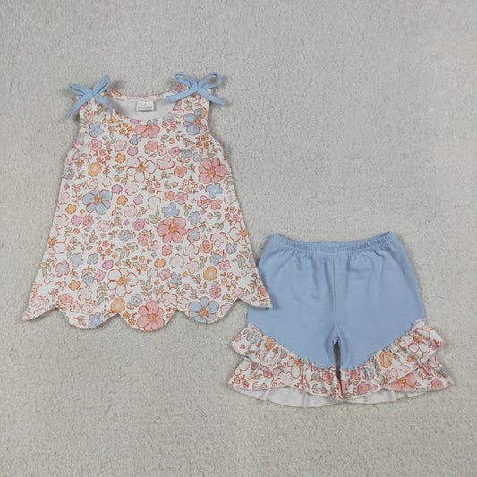 Baby Girls Sleeveless Colorful Flowers Scallop Tunic Ruffle Shorts Clothes Set