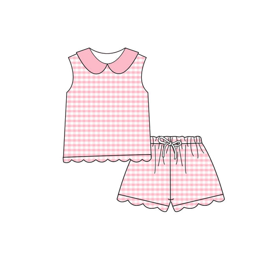 Baby Girls Sleeveless Pink Checked Collar Top Scallop Shorts Clothes Set Preorder