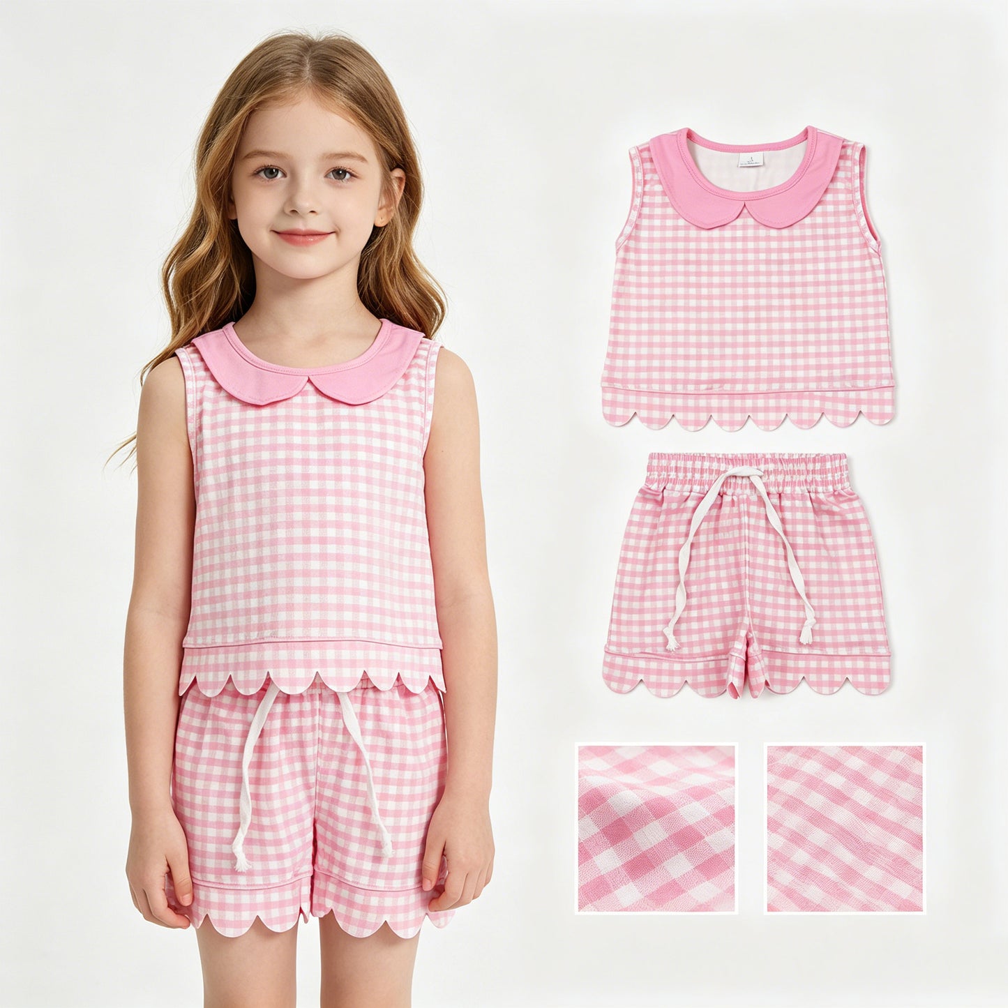 Baby Girls Sleeveless Pink Checked Collar Top Shorts Scallop Clothes Set