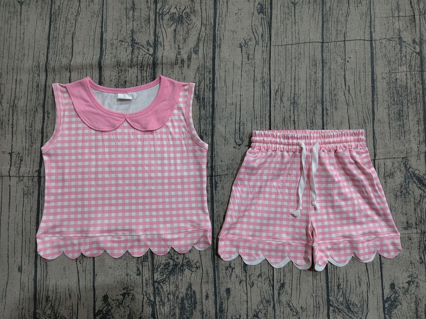 Baby Girls Sleeveless Pink Checked Collar Top Shorts Scallop Clothes Set