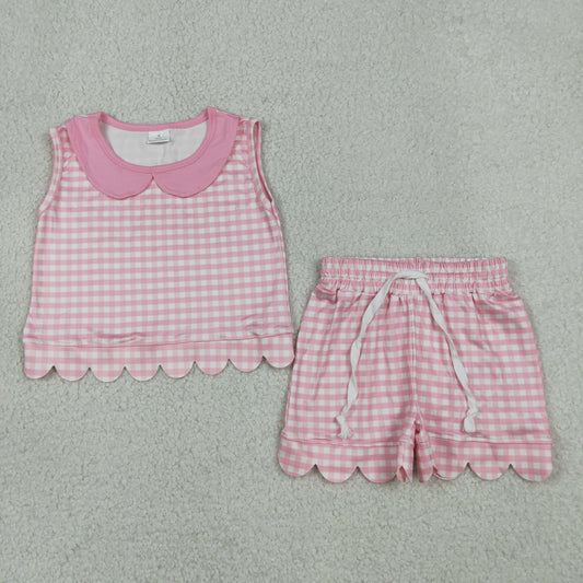 Baby Girls Sleeveless Pink Checked Collar Top Shorts Scallop Clothes Set
