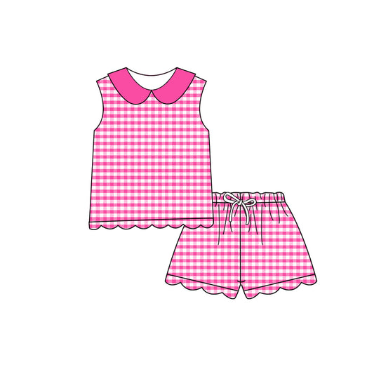 Baby Girls Sleeveless Hot Pink Checked Collar Top Scallop Shorts Clothes Set Preorder