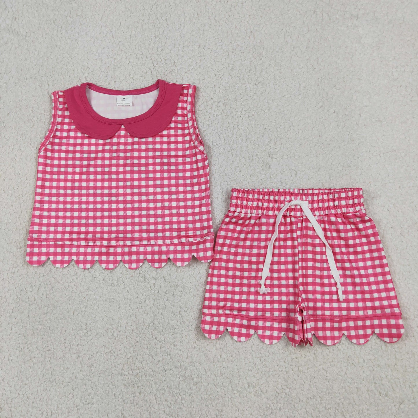 Baby Girls Sleeveless Hot Pink Checked Collar Top Shorts Scallop Clothes Set