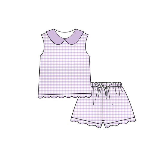 Baby Girls Sleeveless Lavender Checked Collar Top Scallop Shorts Clothes Set Preorder