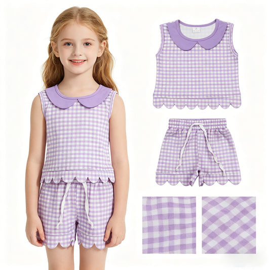 Baby Girls Sleeveless Lavender Checked Collar Top Shorts Scallop Clothes Set