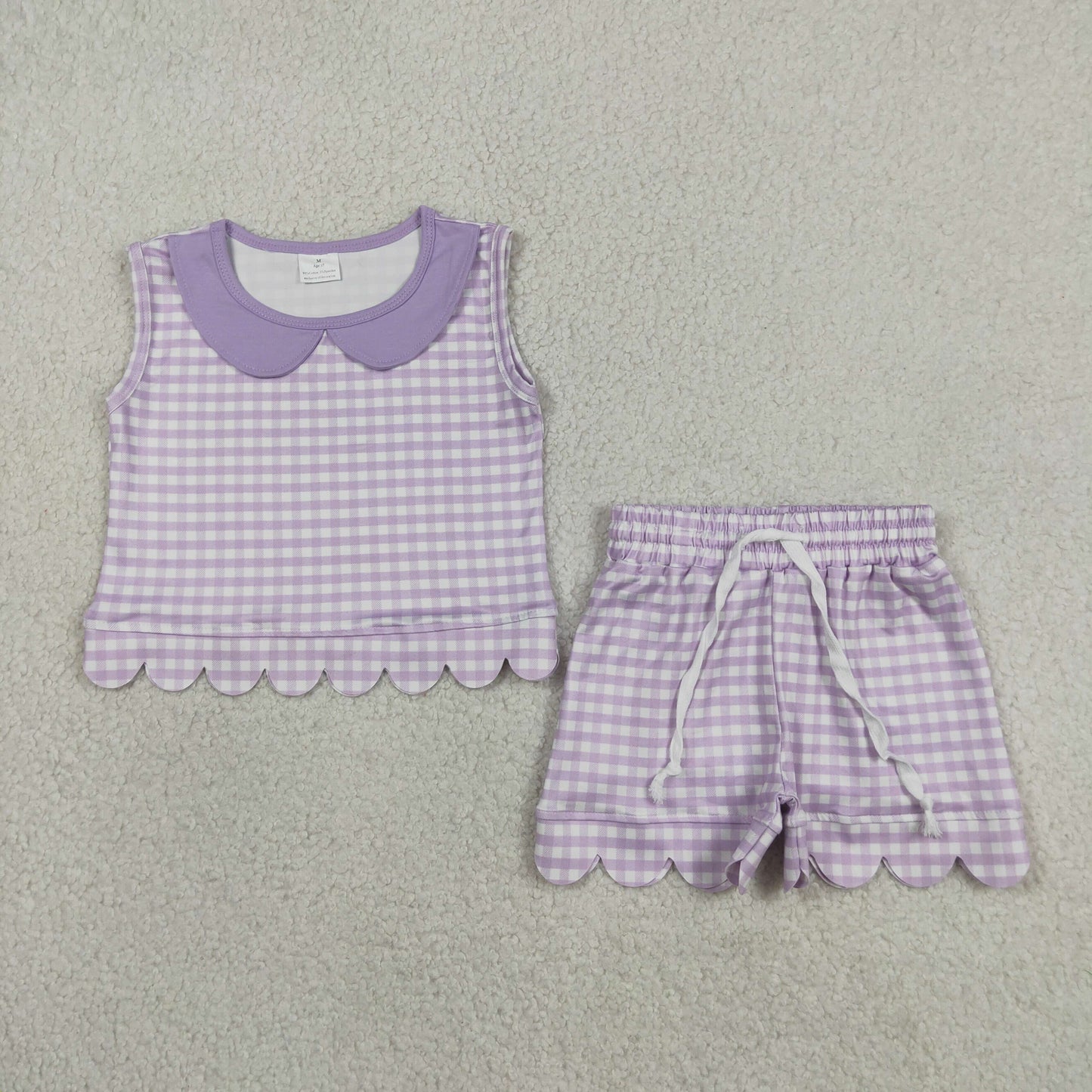 Sibling Baby Girls Short Sleeve Collar Checked Top Pockets Shorts Scallop Clothes Sets